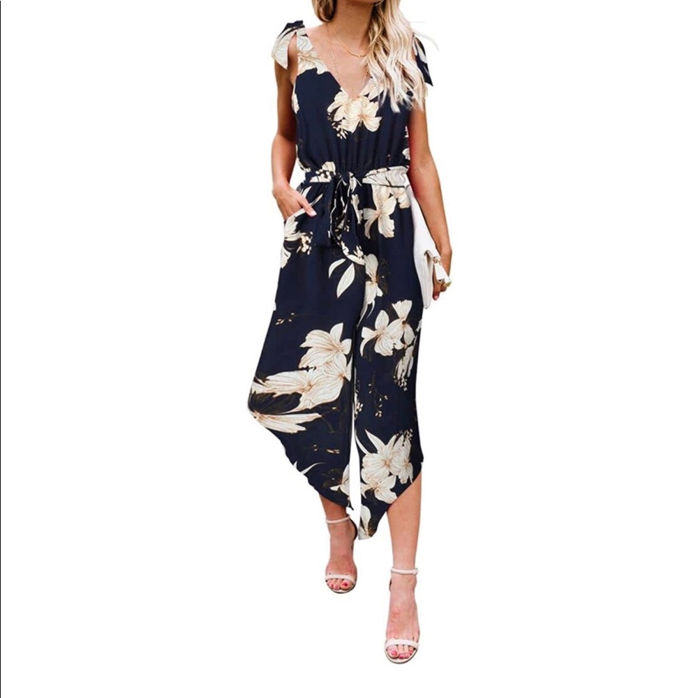 Sleeveless Shoulder Bandage Waistband V-Neck Wide Leg Long Jumpsuit with Belt